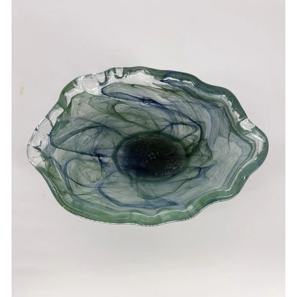 Murano Italy Hand Blown Art Glass Decorative Centerpiece Bowl Blue Green Wavy